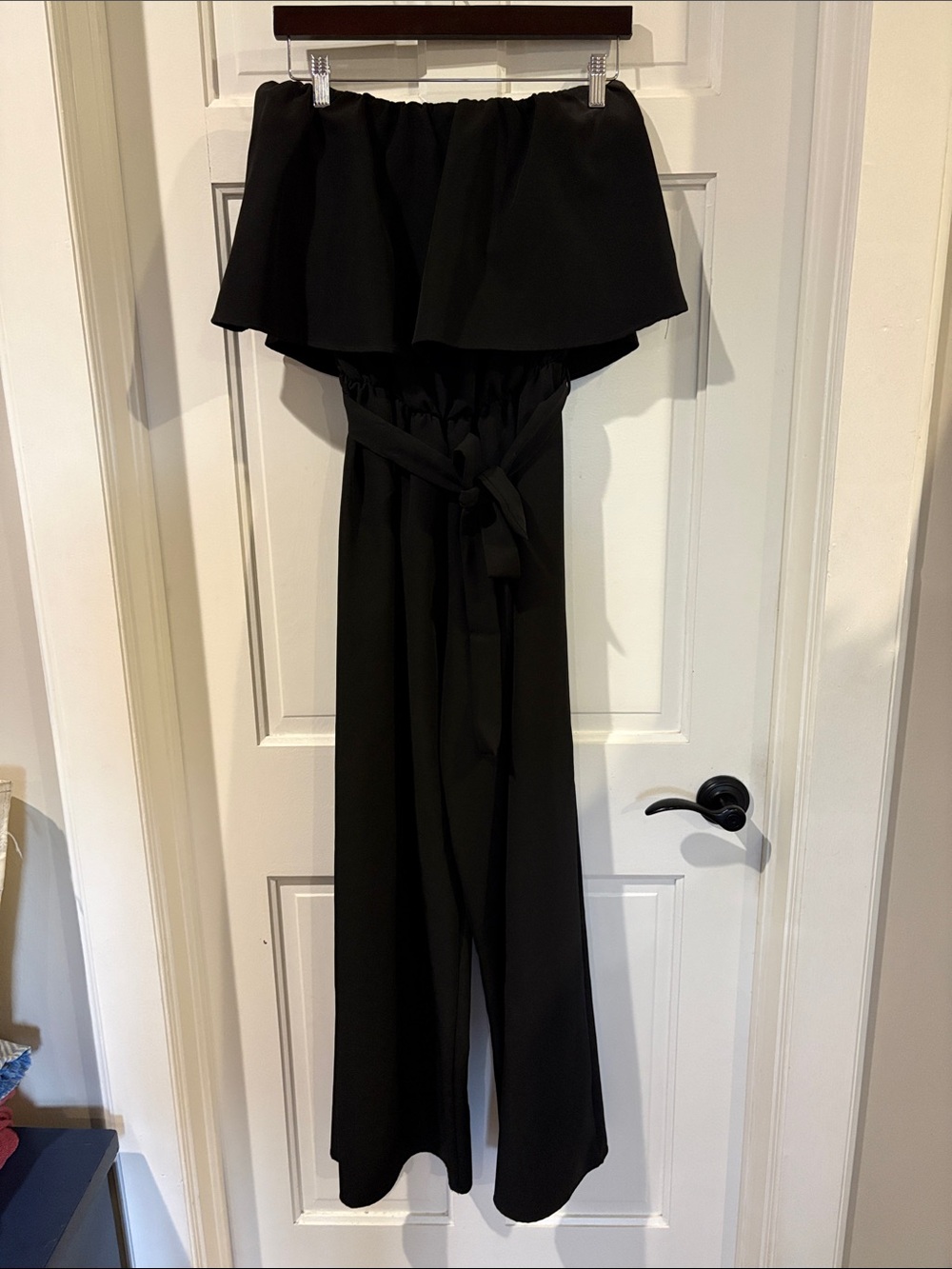 BiBi Black Strapless Off-Shoulder Wide-Leg Jumpsuit with Waist Tie